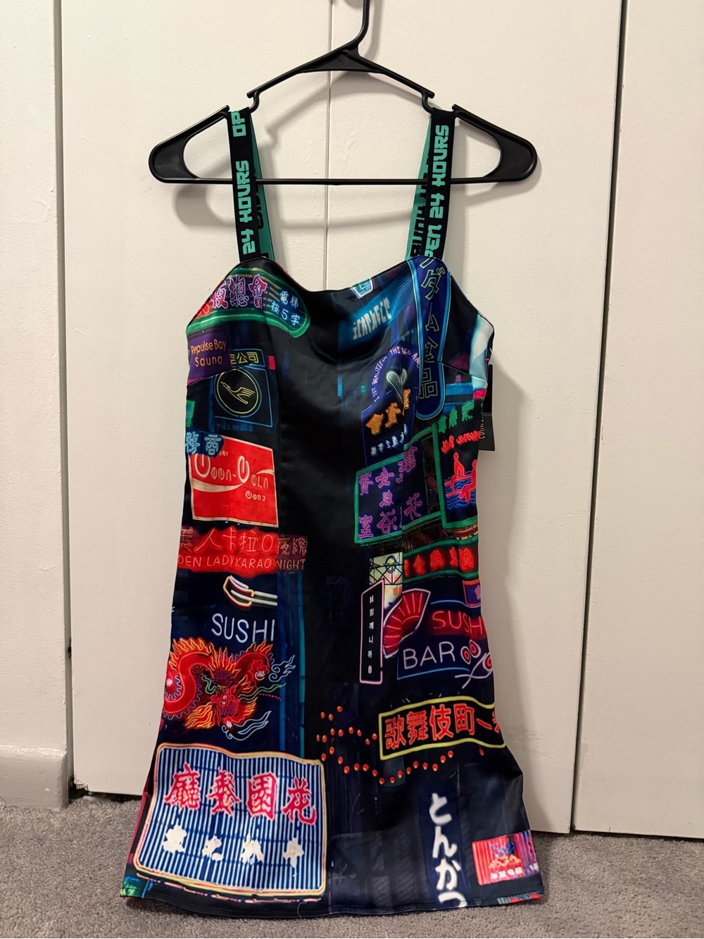 Current Mood Neon Sign Print Mini Dress in Black with Multicolor Graphics